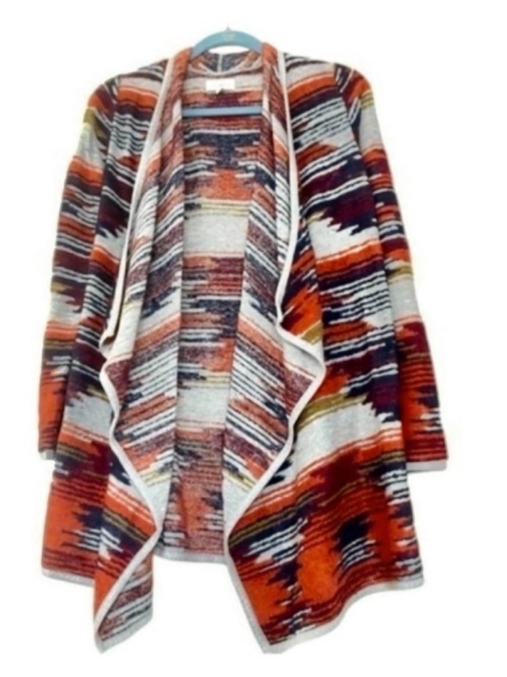 Lucky Brand Aztec Print Draped Cardigan Sweater Navy Blue Orange Multi Size S